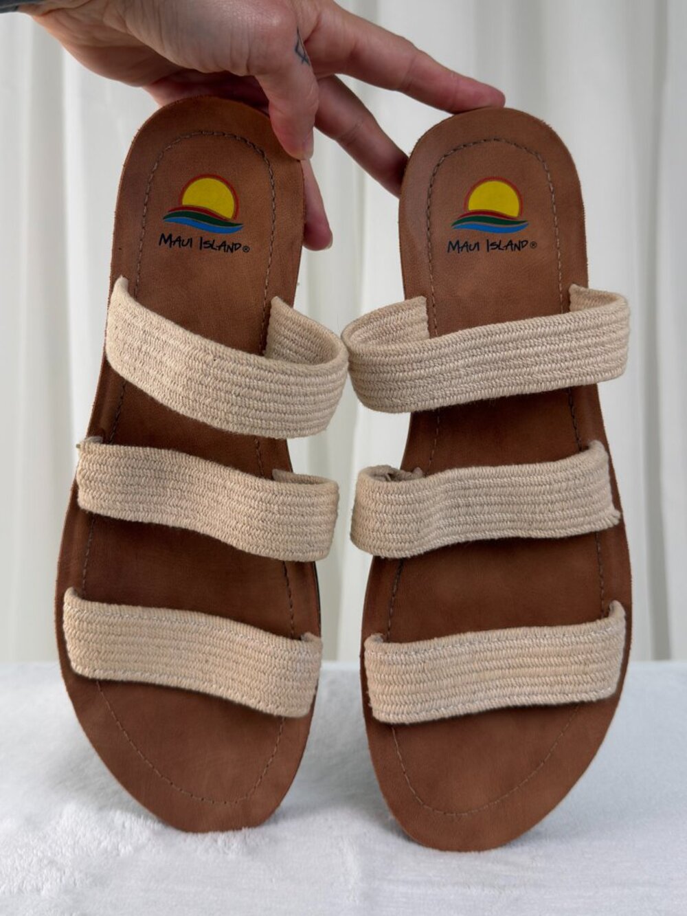 Woven Triple Strap Slide Sandals Womens 10 Tan Beige Coastal Beachy Maui Island